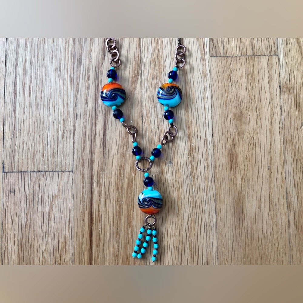 Handmade blue/orange swirl glass beaded bohemian necklace